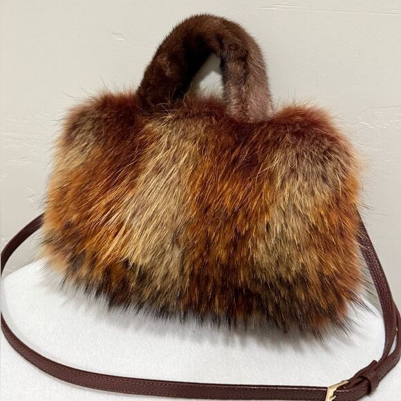 Brown Gradient Real Raccoon Fur & Fur Handles Satchel Bag/Crossbody - Picture 3 of 17